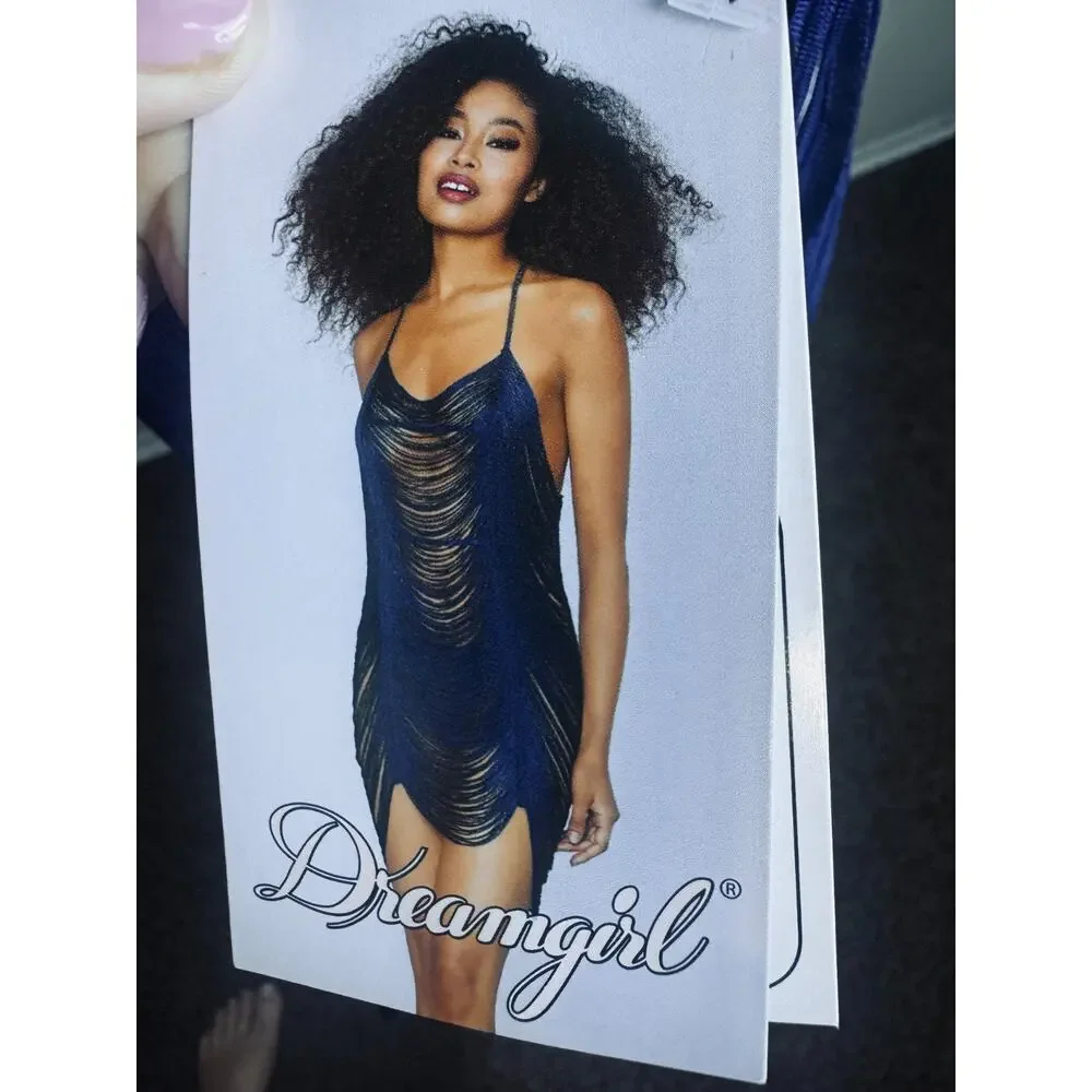 NWT Dreamgirl Blue Sexy Dress Drape Fringe Dress & G-String Set mini lingerie M
